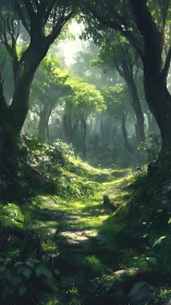 Luminous Forest Path Through Ancient Trees.