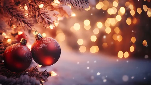 Snow-dusted red baubles on shallow-focus illuminated tree