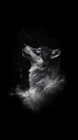 Stargazing wolf dissolves into a luminous cosmic nebula.