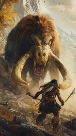 Dynamic prehistoric battle scene in cinematic digital painting.