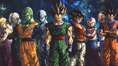 Lineup of anime warriors rendered in high-contrast digital art