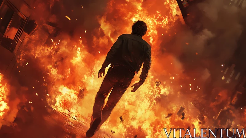 Figure Running Through Intense Fire and Explosion