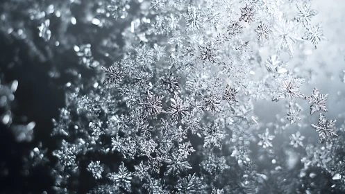 Macro crystalline snowflakes in shallow depth-of-field field study.