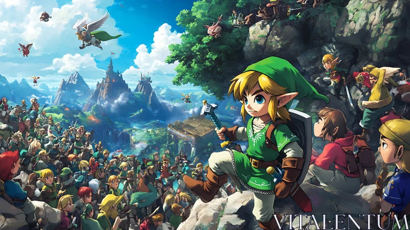 Heroic elf warrior leads vibrant crowd toward distant castle