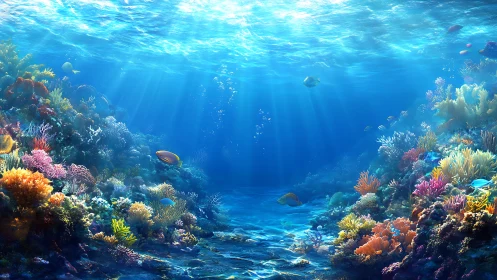 Underwater coral reef scene with fish and filtered sunlight.