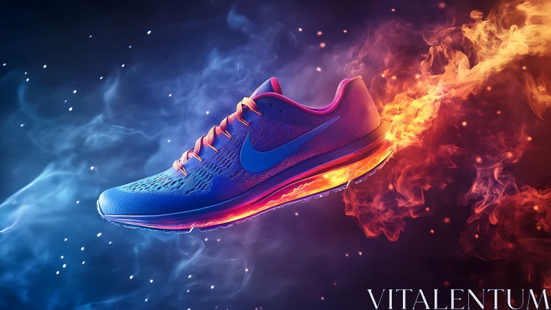 Running shoe glows in midair with fiery trailing flames