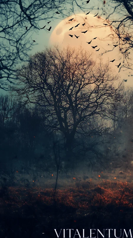 Full moon behind bare tree silhouettes above misty field