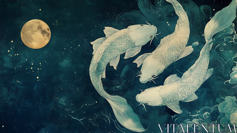 Three koi fish in circular motion beneath full moon.