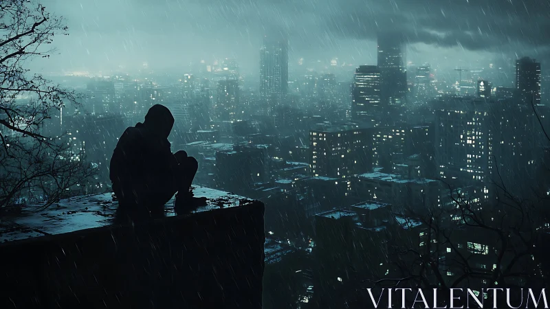 Rain-soaked rooftop loner watching a neon-drowned city dream.
