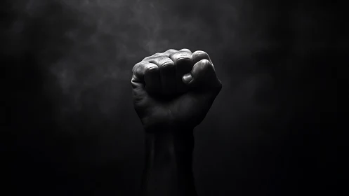 Monochrome clenched fist under directional high‑contrast light.