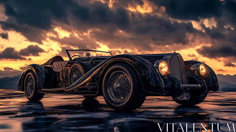 Vintage roadster glows under dramatic sunset skyscape.
