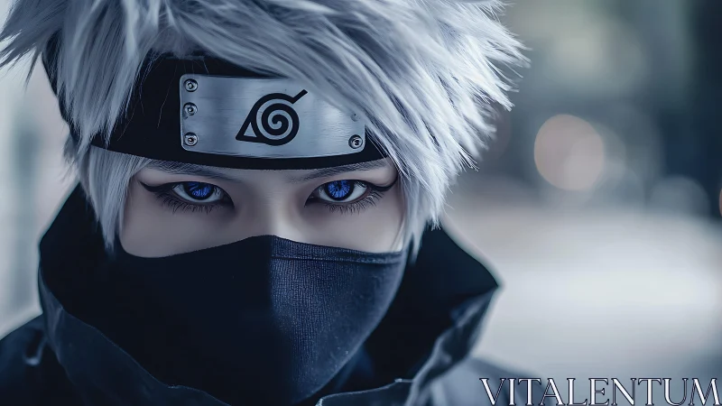 Masked silver-haired ninja portrait with intense blue eyes.