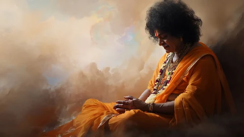 Meditative guru in saffron robes amid luminous swirling clouds.