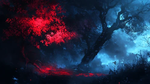 Contrasting red foliage tree illuminates misty blue spectral forest