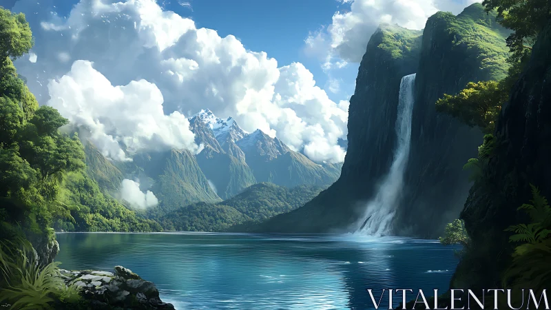 Glacial fjord lake with sheer cliffs and cascading waterfall