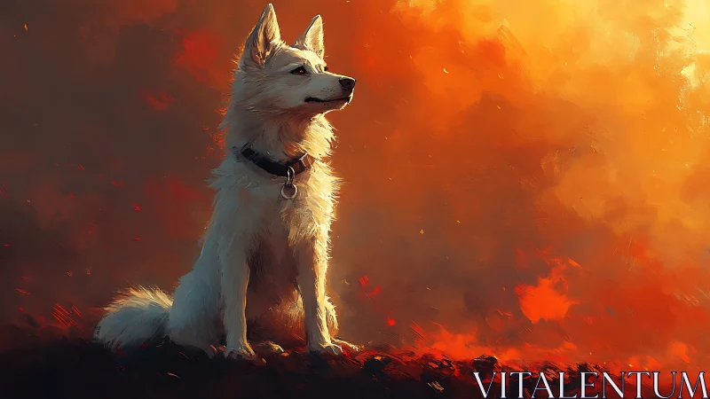 White dog in high-contrast backlight against diffuse fiery sky