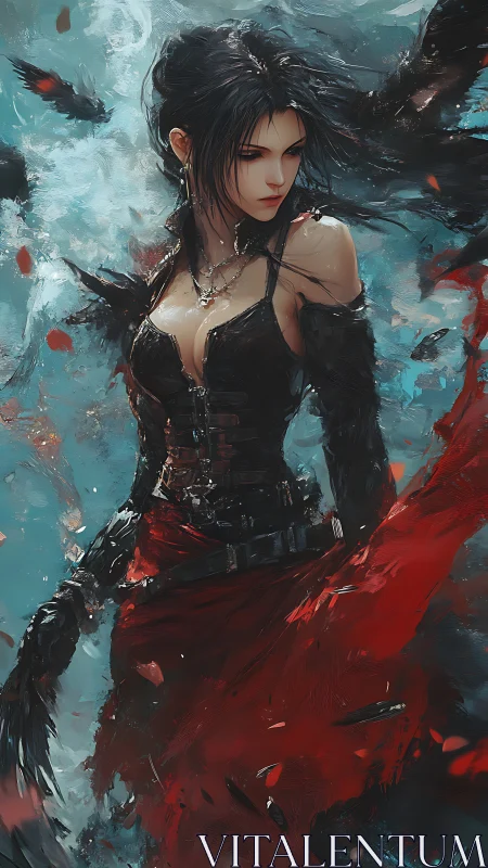 Dark warrior sorceress commands storm of crimson embers.