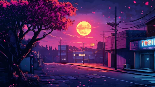 Neon dusk streetscape under oversized moon with high-contrast rim lighting