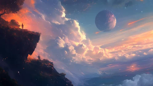 Figure on cliff edge under vivid sky and distant planet.