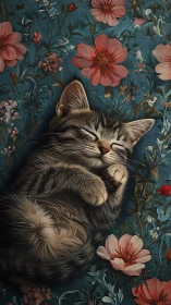 Tabby Cat Resting on Floral Patterned Textile Background