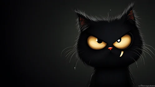 Stylized black cat portrait shows exaggerated eyes and fang lighting