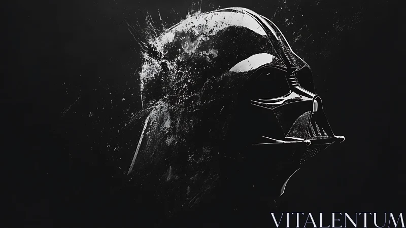 Dark armored helmet in shattering monochrome profile study.