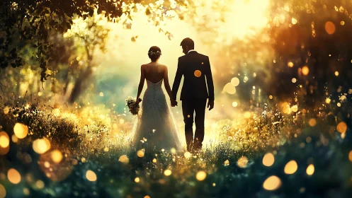 Golden woodland wedding walk lit by dreamy evening light.