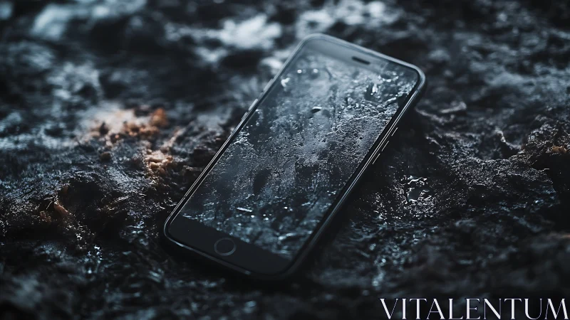 Rain-soaked smartphone dreaming on a storm-darkened shore.