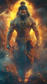 Muscular mythic figure advances through dense fiery atmosphere