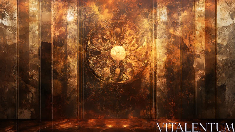 Radiant circular sigil glows against distressed metallic wall