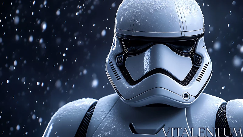 Armored sci fi soldier stands under falling winter snow.