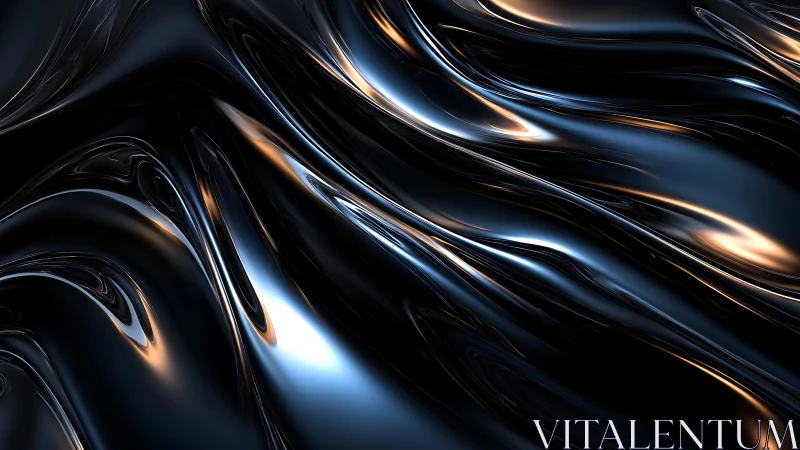 Abstract metallic fluid waves in glossy black and gold digital art.