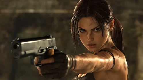 Rendered female action character aiming handgun forward.