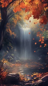 Autumn forest gorge with vertical waterfall and leaf-strewn pool