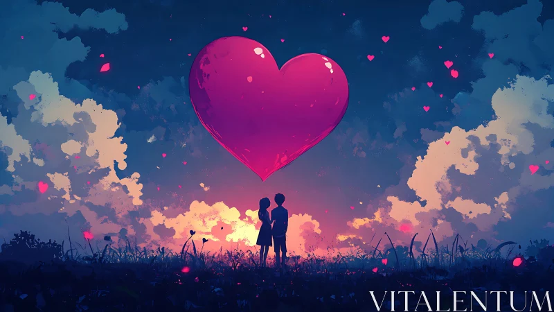 Couple Beneath Colossal Heart in Twilight Landscape