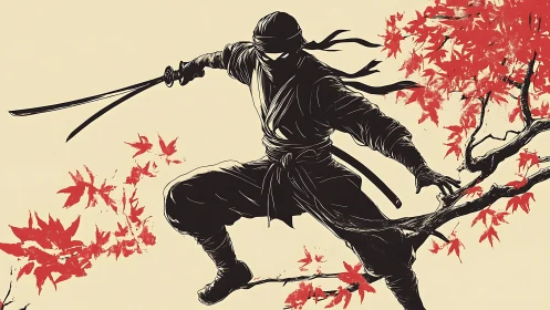 Stealthy ninja crouches in maple tree amid swirling red leaves
