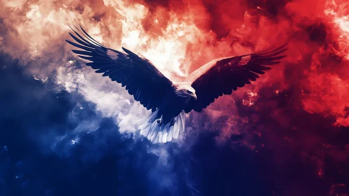 Fire and storm eagle carving flight through red blue clouds.
