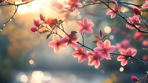 Spring Cherry Blossom Branches with Bokeh Luminescence and Depth Gradient