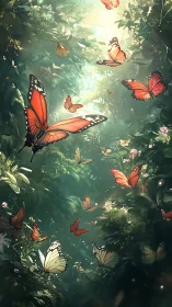 Volumetric backlit butterflies traverse dense bokeh forest air