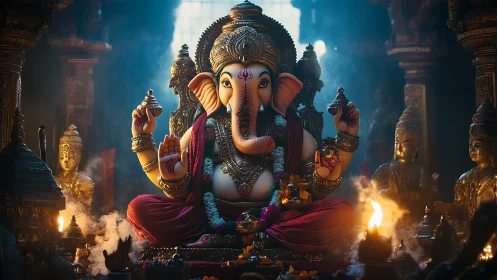 Ganesha idol in ornate temple shrine with warm firelight.