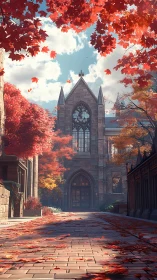 Gothic chapel facade framed by vivid autumn foliage in sunlight