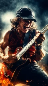 Rock guitarist screams while playing electric guitar onstage