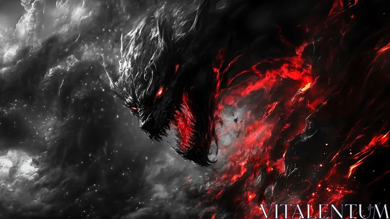 Volcanic void dragon emerging from turbulent cosmic storm.