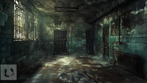 Dilapidated tiled corridor with barred doors and window