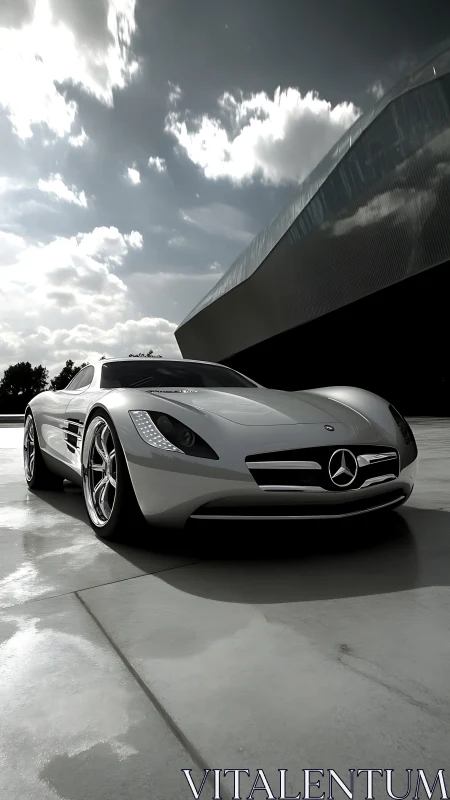 Silver Mercedes sports car parked on reflective concrete surface