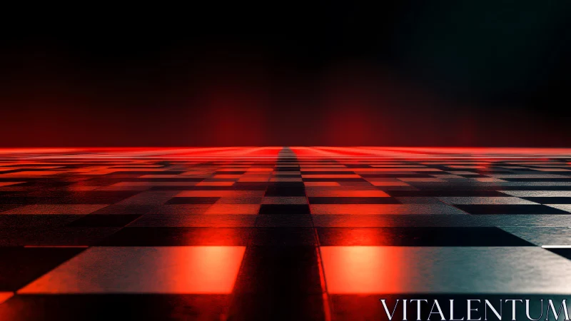 Futuristic checkered floor glowing with red neon lights in darkness.