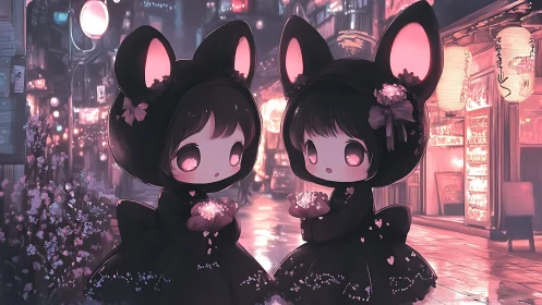 Chibi twins in black bunny cloaks on neon night street.