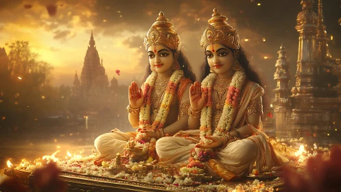Digital twin goddesses in ornate mandapa with temple backdrop