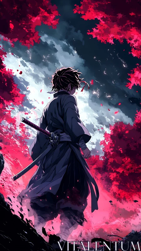 Backlit lone swordsman under crimson foliage and storm sky
