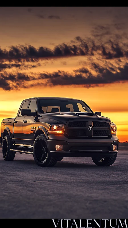 Sunset-lit black pickup truck on open asphalt plain.
